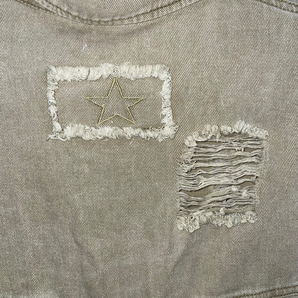 The Post Distressed Denim Jacket Khaki Green Raw Hem Pockets Button Front Size S - Picture 8 of 8